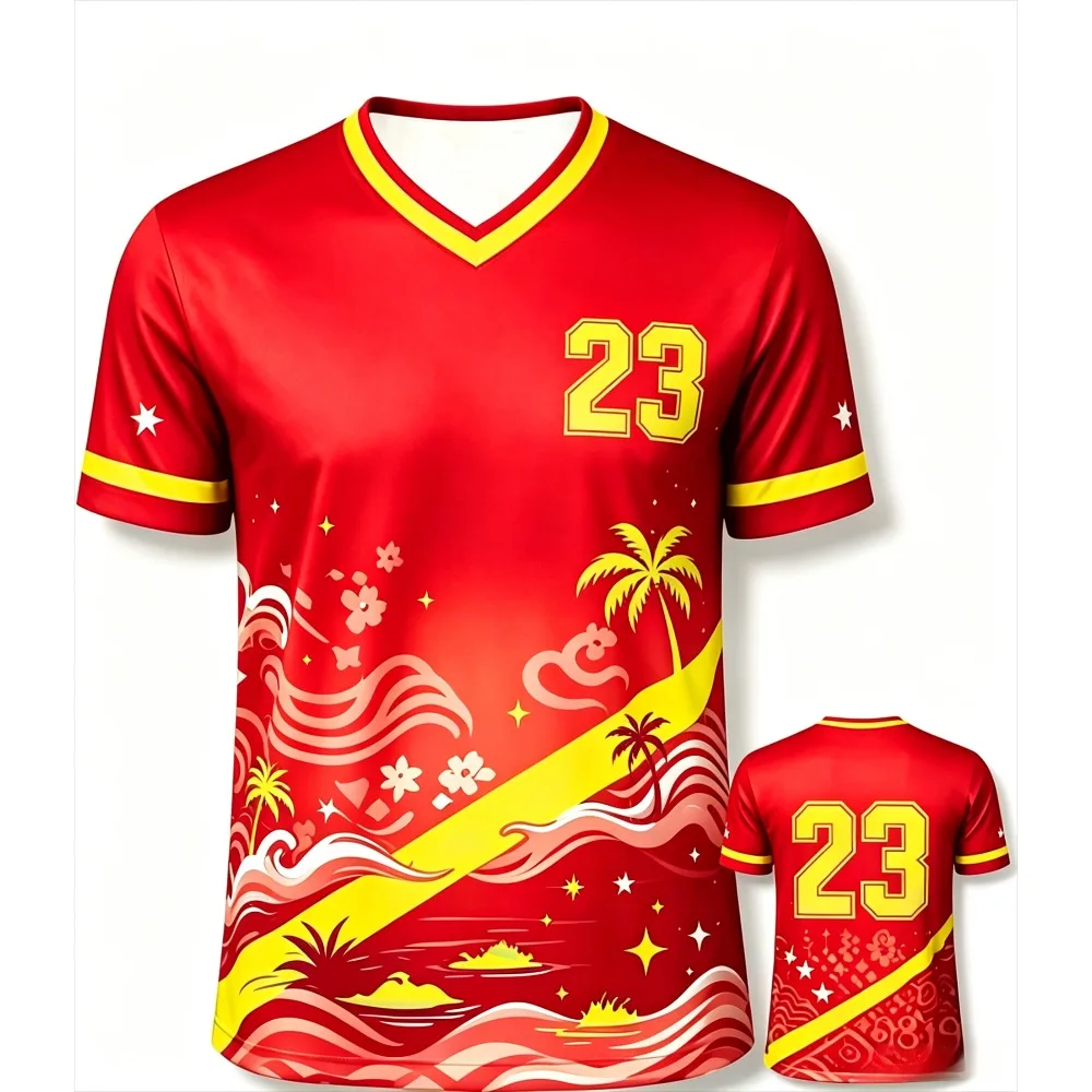 2026 New Tropical Palm Wave Print T-shirt Summer Quick Dry Breathable 23 Number Football Training Sports Short Sleeve Tee Unisex