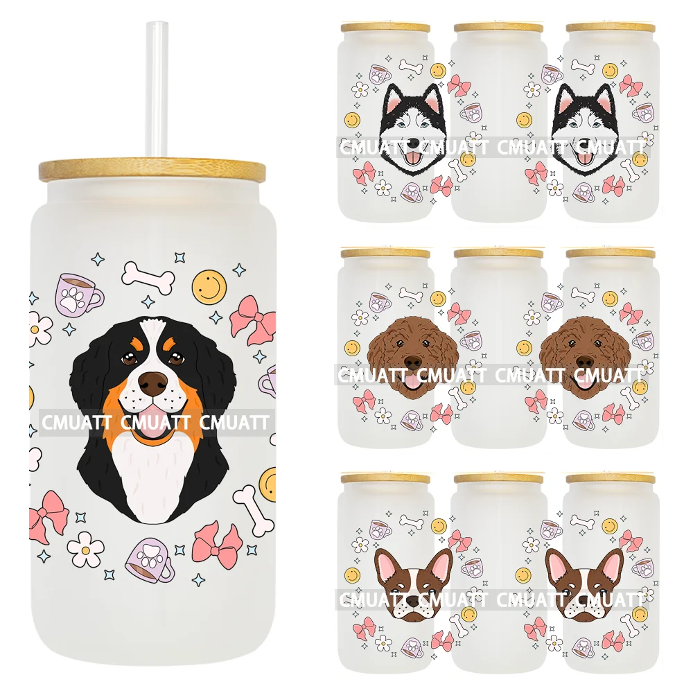 

Cute Pet Dog Pink Coquette Bow Beautiful Flowers 16OZ UV DTF Cup Wrap Transfer Sticker Durable Waterproof Logo For Libbey Glass