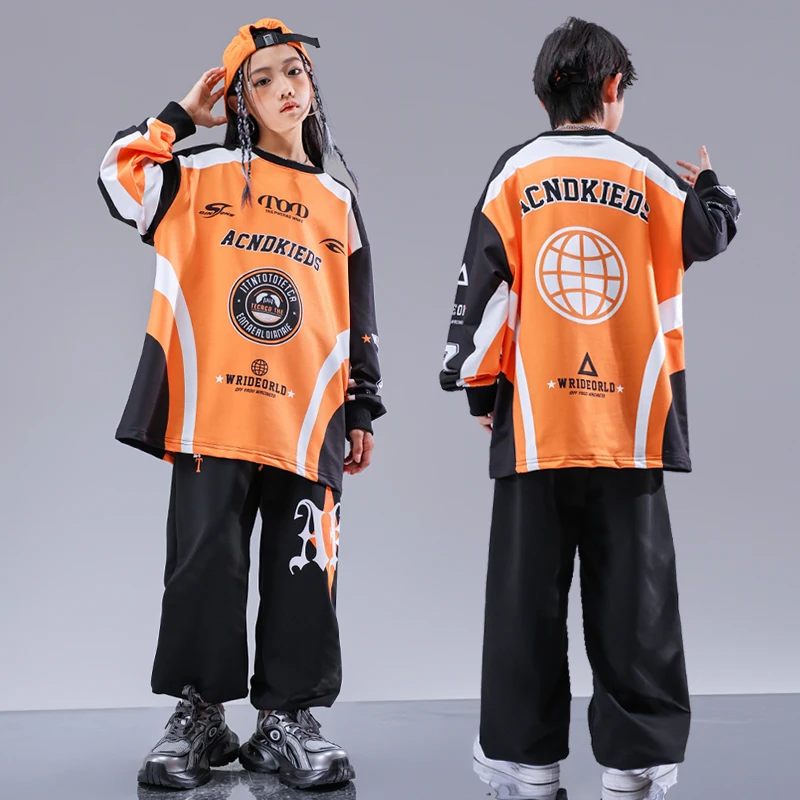 Kids Kpop Hip Hop Clothing Orange Print Sweatshirt Black Casual Cargo Pants Streetwear for Girl Boy Jazz Dance Costume Clothes