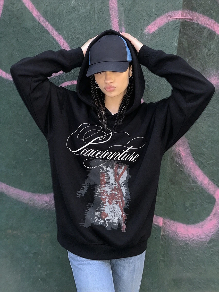 Y2K Streetwear Women Black Hoodies Aesthetics Distressed Portrait Script Letter Print Oversized Long Sleeve Pullover Sweatshirts