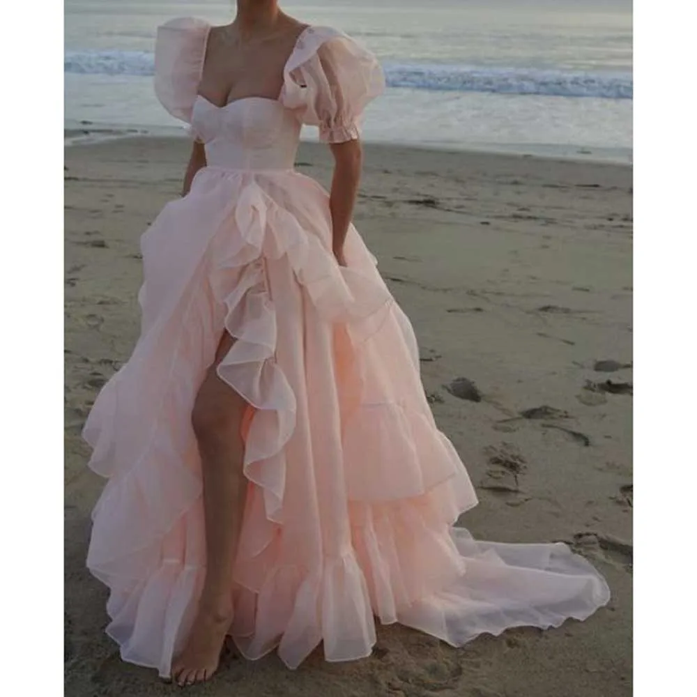 Elegant Pink Women Prom Dresses Sweetheart Short Sleeves Floor Length A-Line Side Split Sweet Pretty Fairy Female Party Gowns