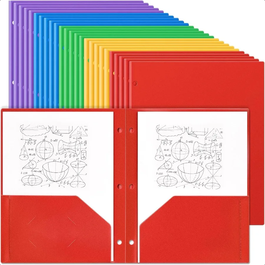 

50 Pcs Plastic Folders with Pockets Bulk 3 Hole Punched 2 Pocket File Folders for 3 Ring Binder Divider Folder for Notebooks Du