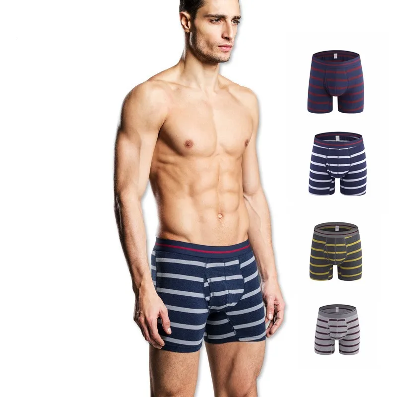 fashion Big yards men\'s boxers Full Cotton Lycra Man Lengthen Straight Angle stripe Underpants