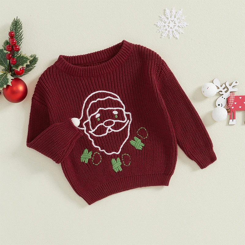 Kid Boys Girls Christmas Sweaters Santa Embroidered Long Sleeve Round Neck Ribbed Knitted Pullover for 0-4 Years