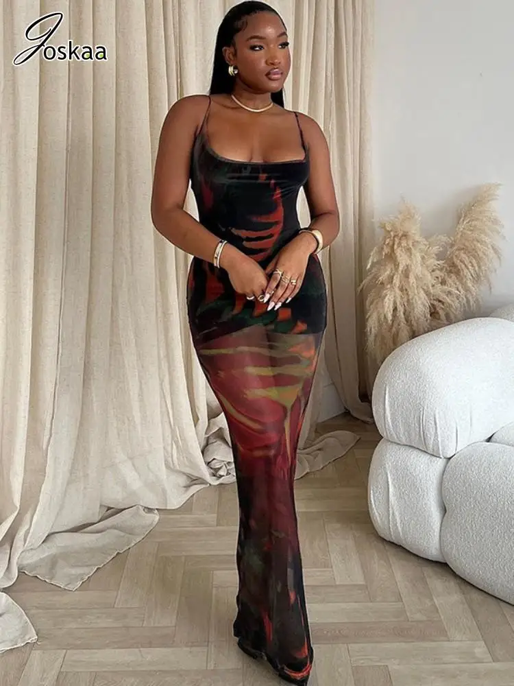 Joskaa מודפס רשת שכבה כפולה שמלה ארוכה שמלת נשים נשים טרנד ספגטי רצועה bods