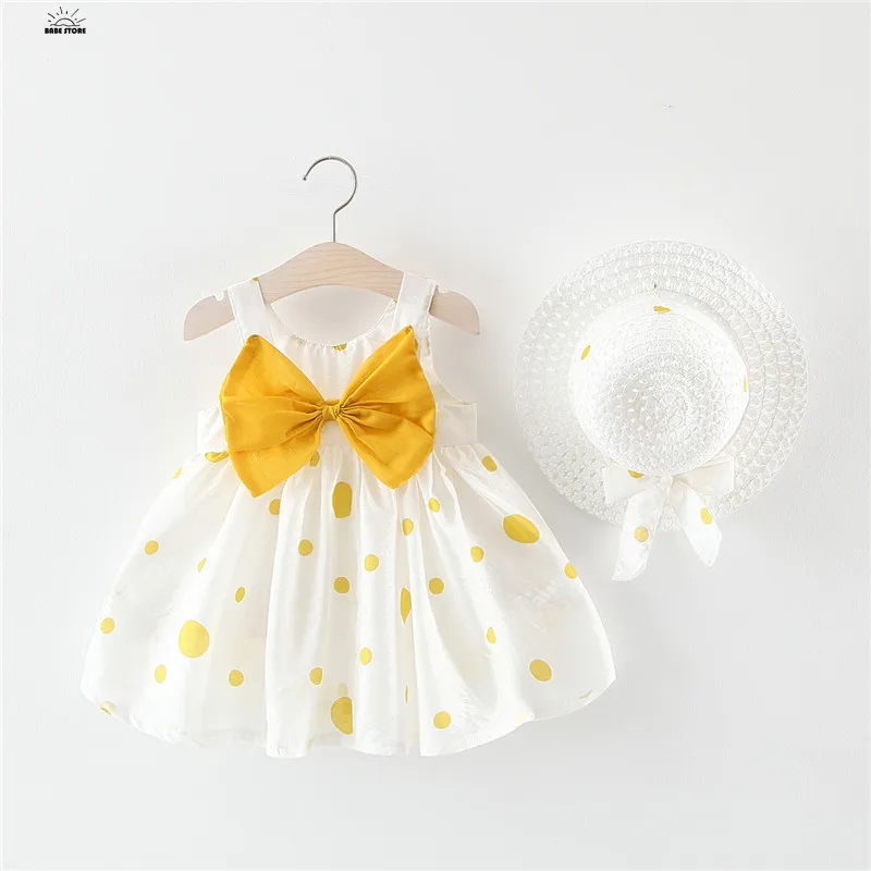 Big Bow Baby Dress Lovely Summer Infant Baby Girl Clothes Cute Dot Sleeveless Cotton Toddler Dresses+Sunhat Newborn Clothing Set