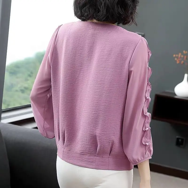 Fashion Elegant Female Ruffles Spliced Beading Chiffon Shirt Spring Summer Women\'s Clothing Korean 3/4 Sleeve Solid Loose Blouse