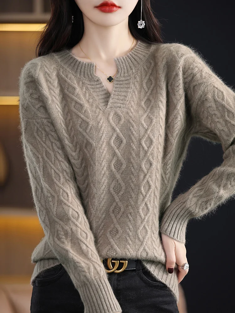 100%Pure Mink Cashmere Sweater Women\' V-Neck Thicken Knit Pullover Fashion Jacquard Large Size Jacket Autumn Winter New Clothing