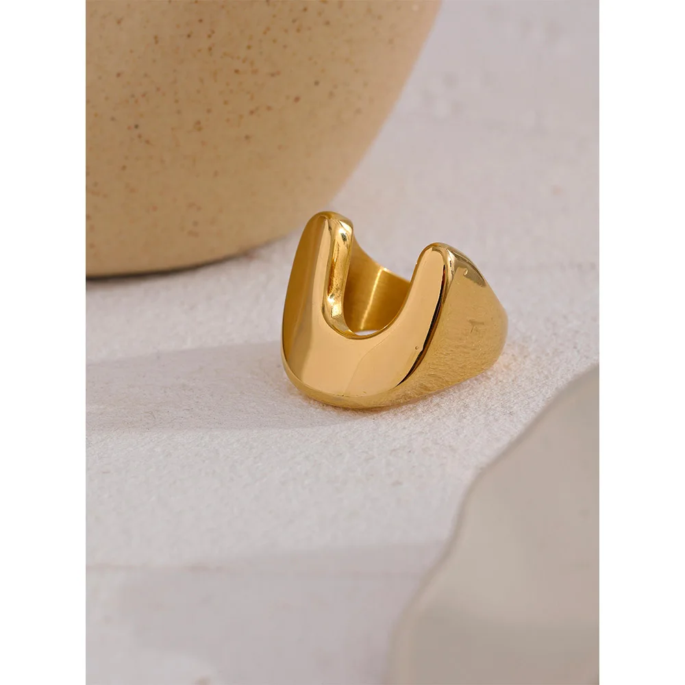 Yhpup Statement U Shape Metal Stainless Steel 18K Gold Color Texture Ring Personalized Fashion Unique Waterproof Charm Jewelry