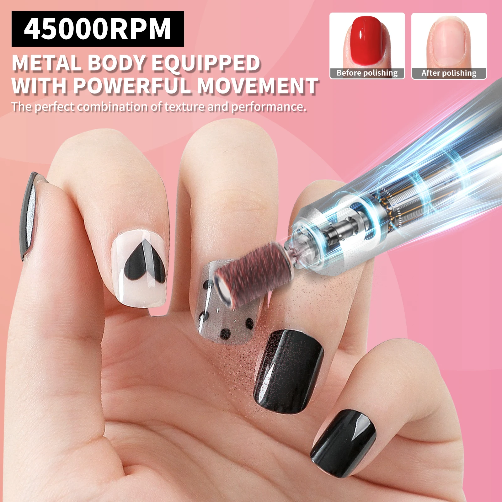 45000RPM Professional เจาะเล็บไฟฟ้าชาร์จเล็บขัดเล็บแปรงทําความสะอาดเล็บ Art Salon เครื่องมือ