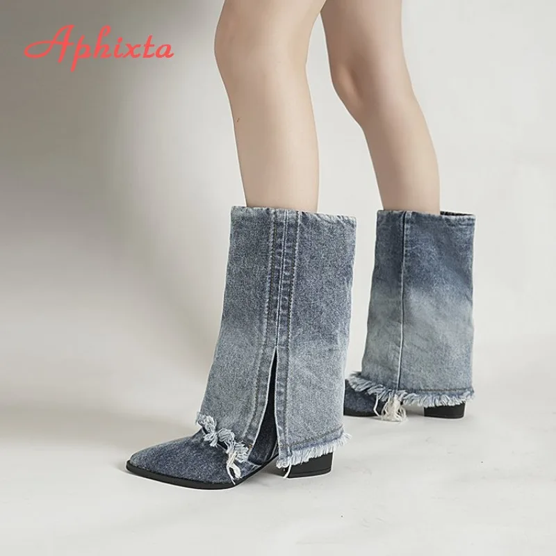 Women Denim Mid Calf Boots Pointed Toe Block Heel Fringe Split Cuff Cowboy Western Boots Vintage Distressed Fashion Boots