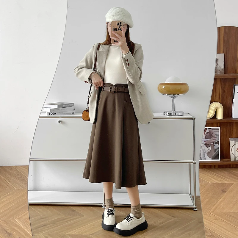 Plus Size Woolen Skirt Women 2024 Autumn Winter New Arrivals High Waist A Line Skirt With Belt Korean Fashon Skirts Womens