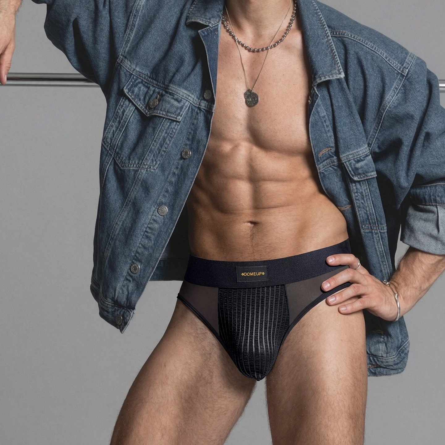 Men's Low‑Rise Briefs, Vertical Striped Satin Pouch with Sheer Mesh Sides, Stretch Nylon Elastane Underwear