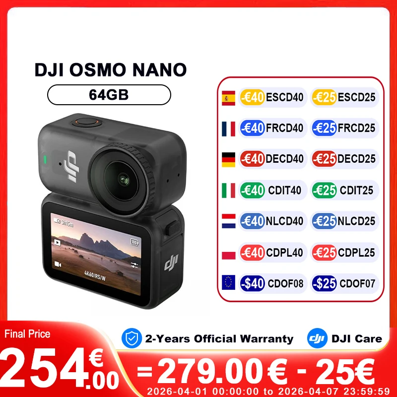 (Boîte ouverte, 99,99 % neuf) Caméra d'action DJI Osmo Nano Standard Combo 64G/128G, capteur 1/1,3 nouvelle génération, caméra POV 4K pour vlogging, visionnage en direct, télécommande