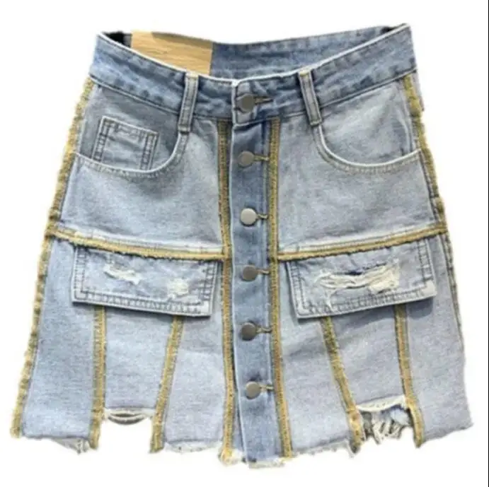 High Street Reverse Side Design Denim Skirt Women Summer New High Waist Patchwork ripped Slim A-Line Mini Skirt s263