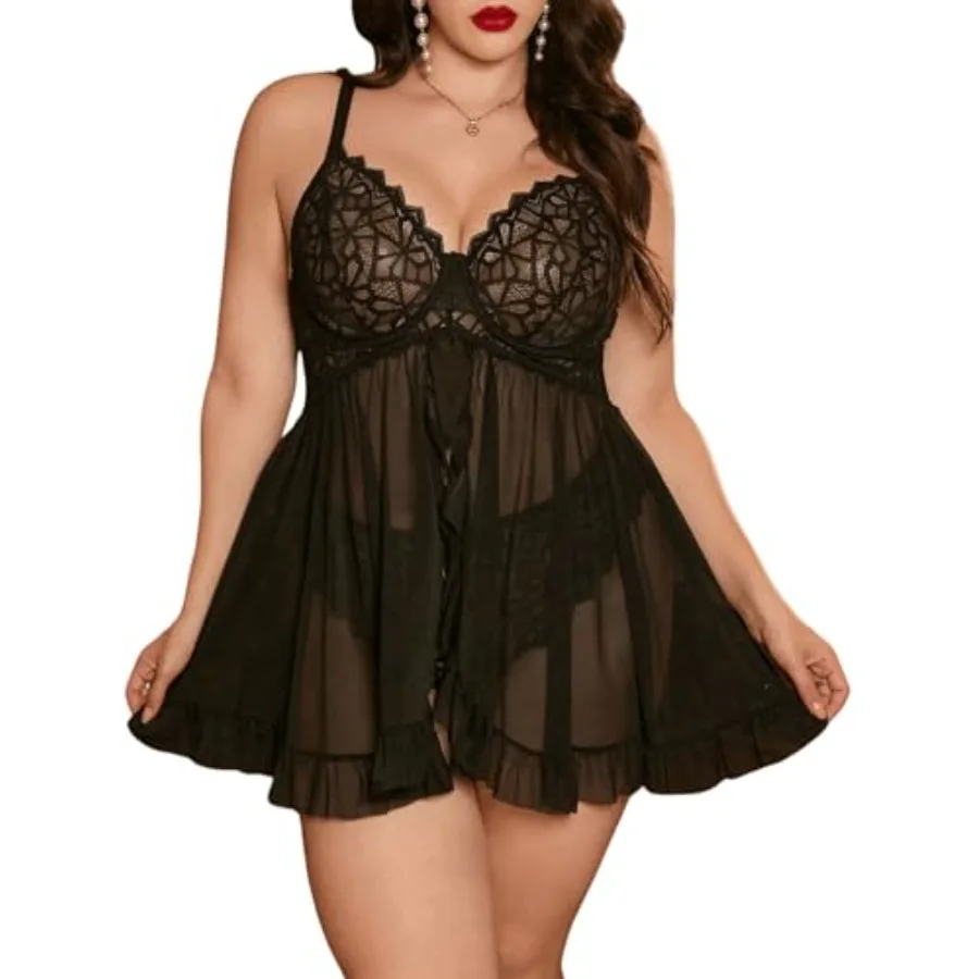 

OYOANGLE Women's Plus Size 2 Pcs Lace Sheer Open Front Underwire Chemise Nightdress with Panty Lingerie Set