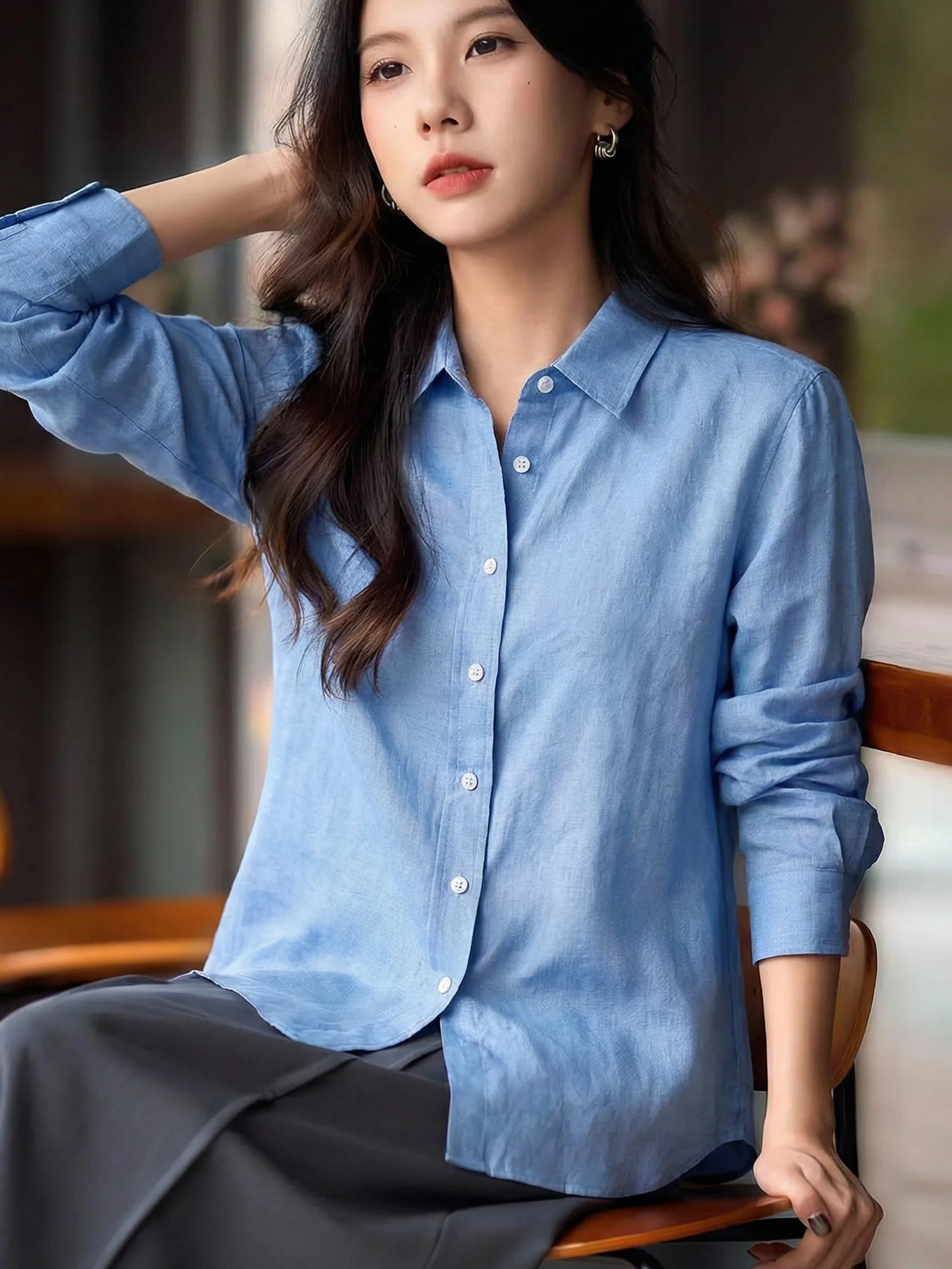 

Chivirin Linen Shirt Women's Long Sleeve Turn-down Collar Slimming Base Shirt Commute Style Spring Fashion Simple Design