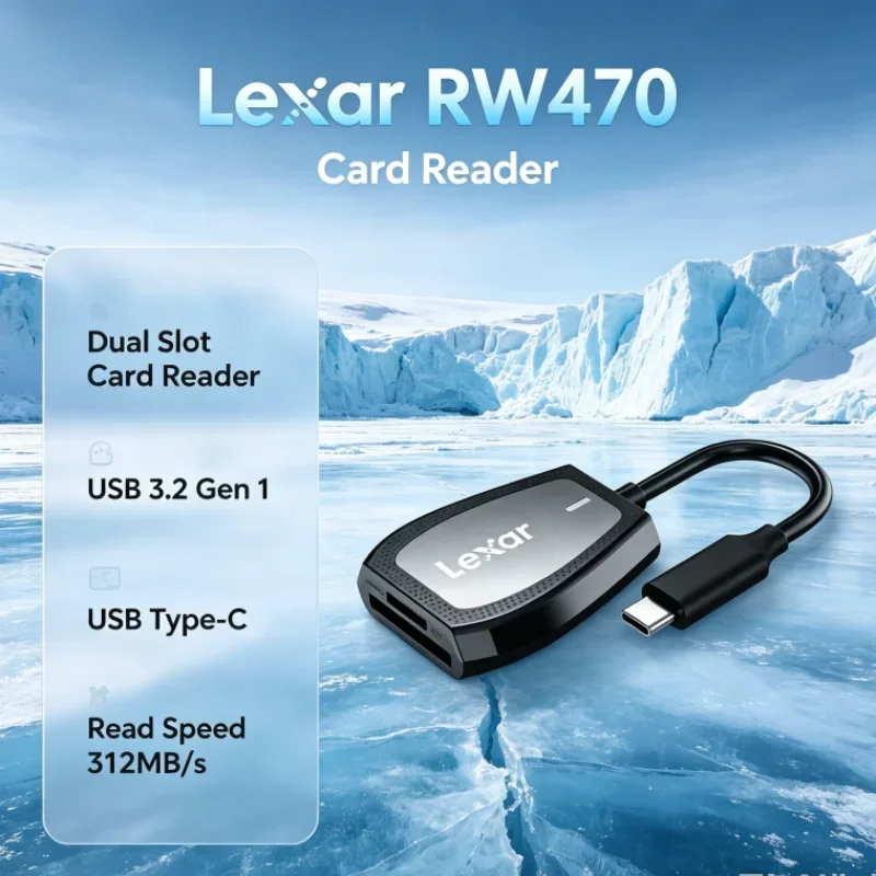 Lexar RW470 Card Reader Dual Slot 2-in-1 USB 3.2 Gen1 SD microSD UHS-II Type-C 312MB/s Read Speed for Card Data Transfer
