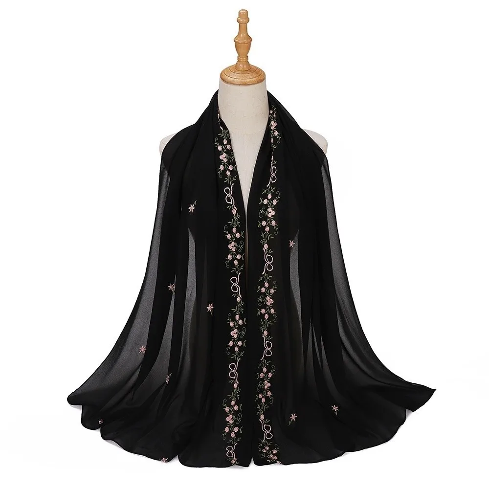 

Clothing Accessories Solid Color Floral Headscarf Embroidery Mesh Thin Long Scarf Ethnic Style Muslim Headscarf Vacation