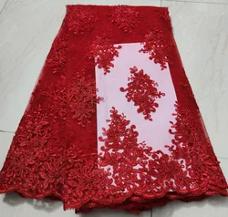 Luxury Handmade Beads Red French Tulle Lace Fabric Sequins Embroidery African Nigerian Lace Fabric For Evening Dress KWH23108
