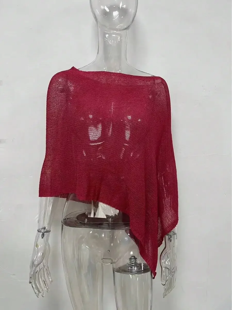 

Women Irregular Hem Ice Silk Knit Top Loose Cape Shawl Lightweight Beach Cover Up