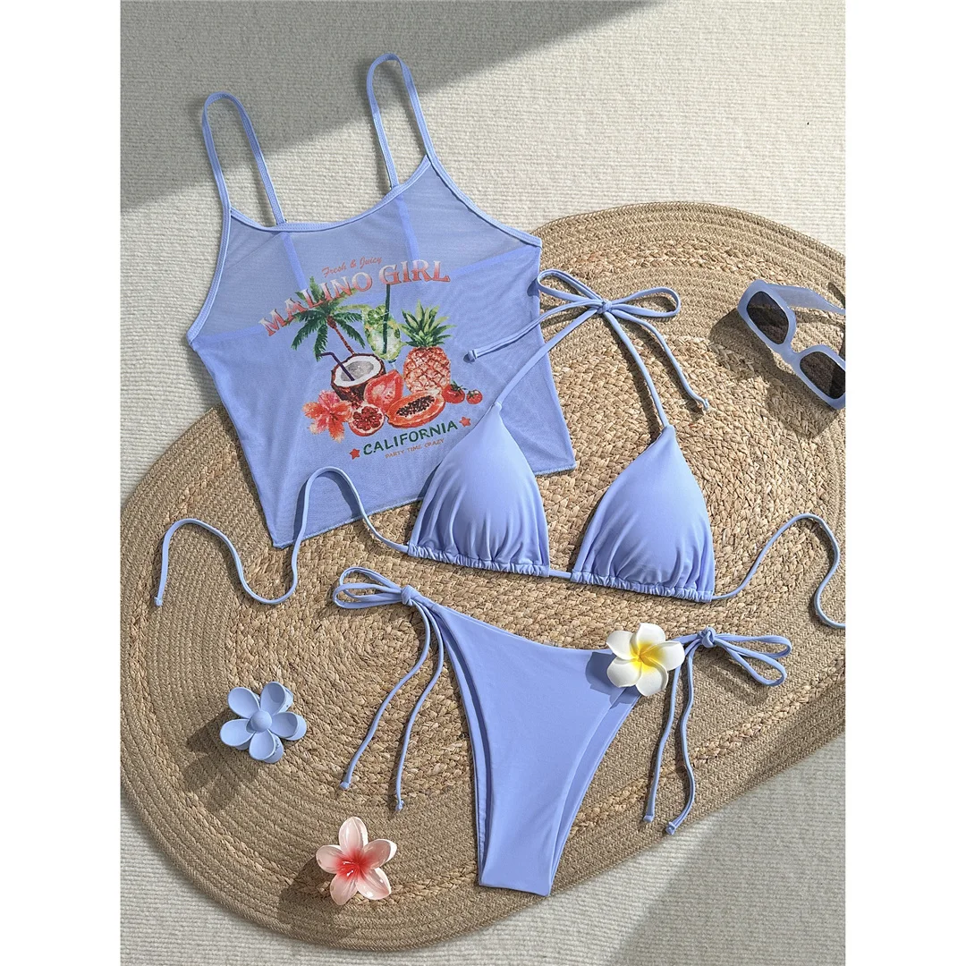 Neuer bedruckter Bikini mit Weste und Neckholder, Damen-Badeanzug, dreiteiliges Bikini-Set, gepolsterter Badeanzug, Badebekleidung, Schwimmanzug V8309 – Detail 16