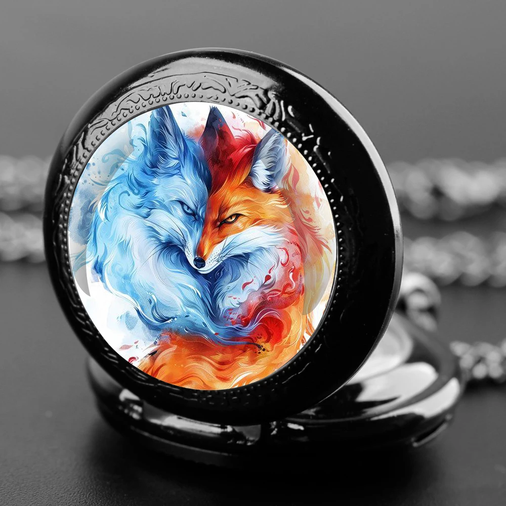 Creative ‌Fox Glass Dome Quartz Pocket Watch with Necklace Chain Pendant Gift for Male Men Vintage Clock