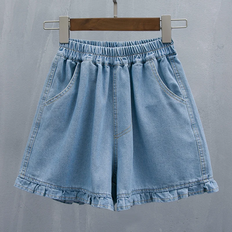 

S-5XL Thin Women Denim Shorts 2022 New Summer Elastic Waist Ruffles Wide Leg Pants Loose Casual Short Jeans