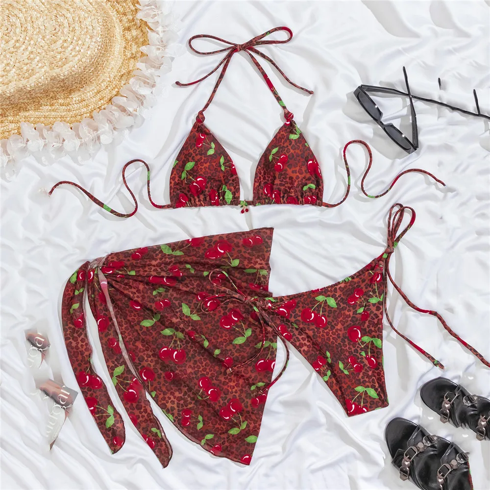 

Cherry Leopard Print String Thong Micro 3 Piece Bikini Set Red Sexy Swimsuit Woman 2026 Swimwear Triangle Bikini Bathing Suit