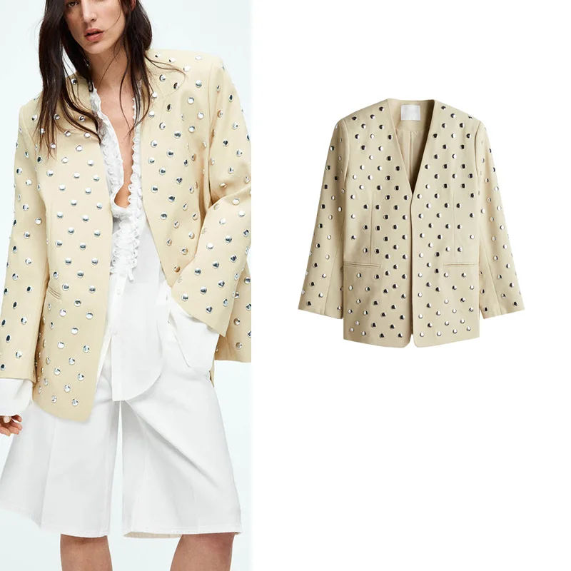

Faionable Casual Sle Women's Spring Summer New Arrival Long Sve V-Ne oulder Pad Suit Jaet with Rivet Design