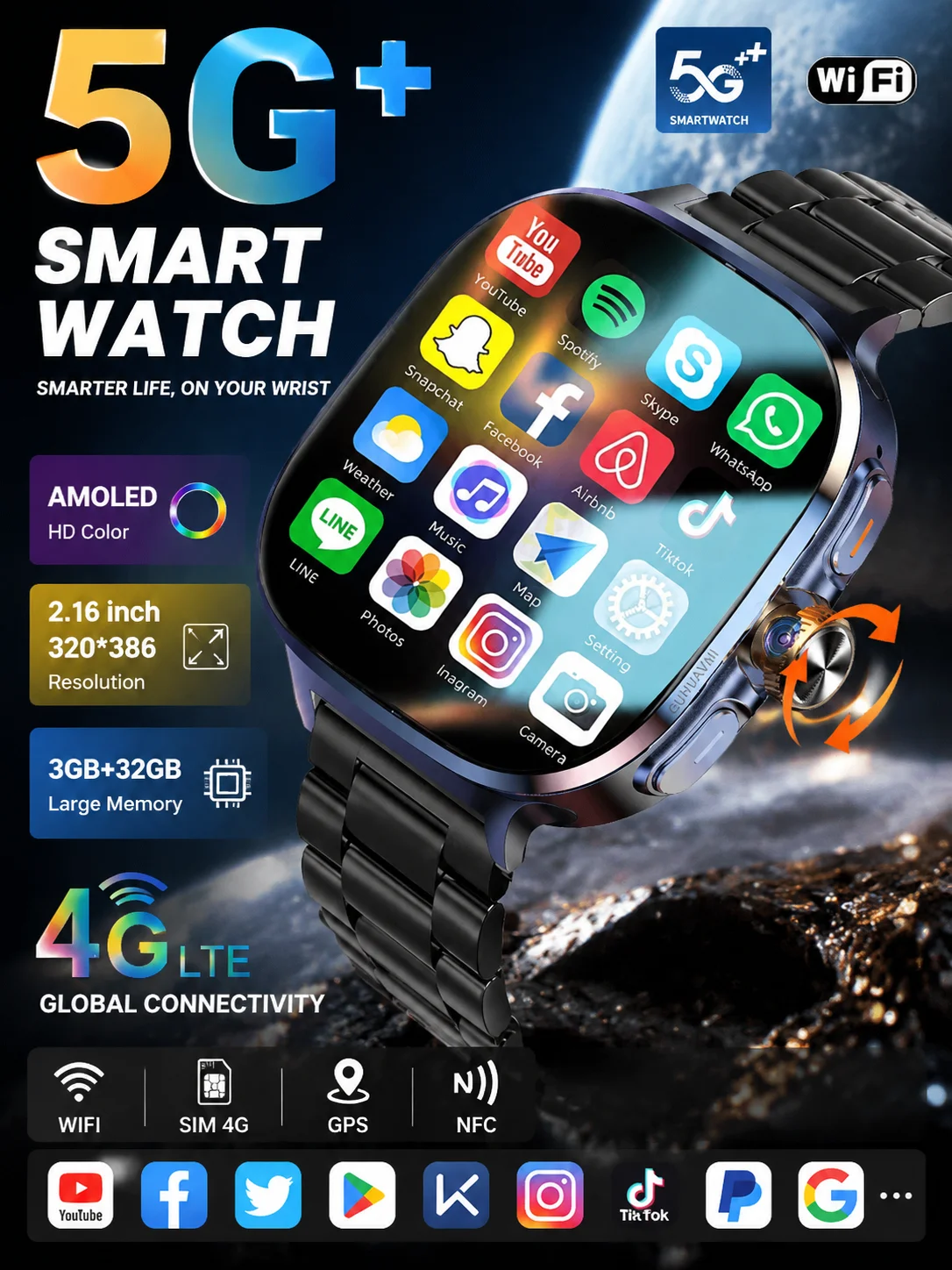 5G/4G Smartwatch mit vollständigem Netzwerk, 2,40 Zoll Saphir-AMOLED-Bildschirm, Videoanruf, 8GB+128GB RAM, 2100mAh, Google Play, WLAN, GPS
