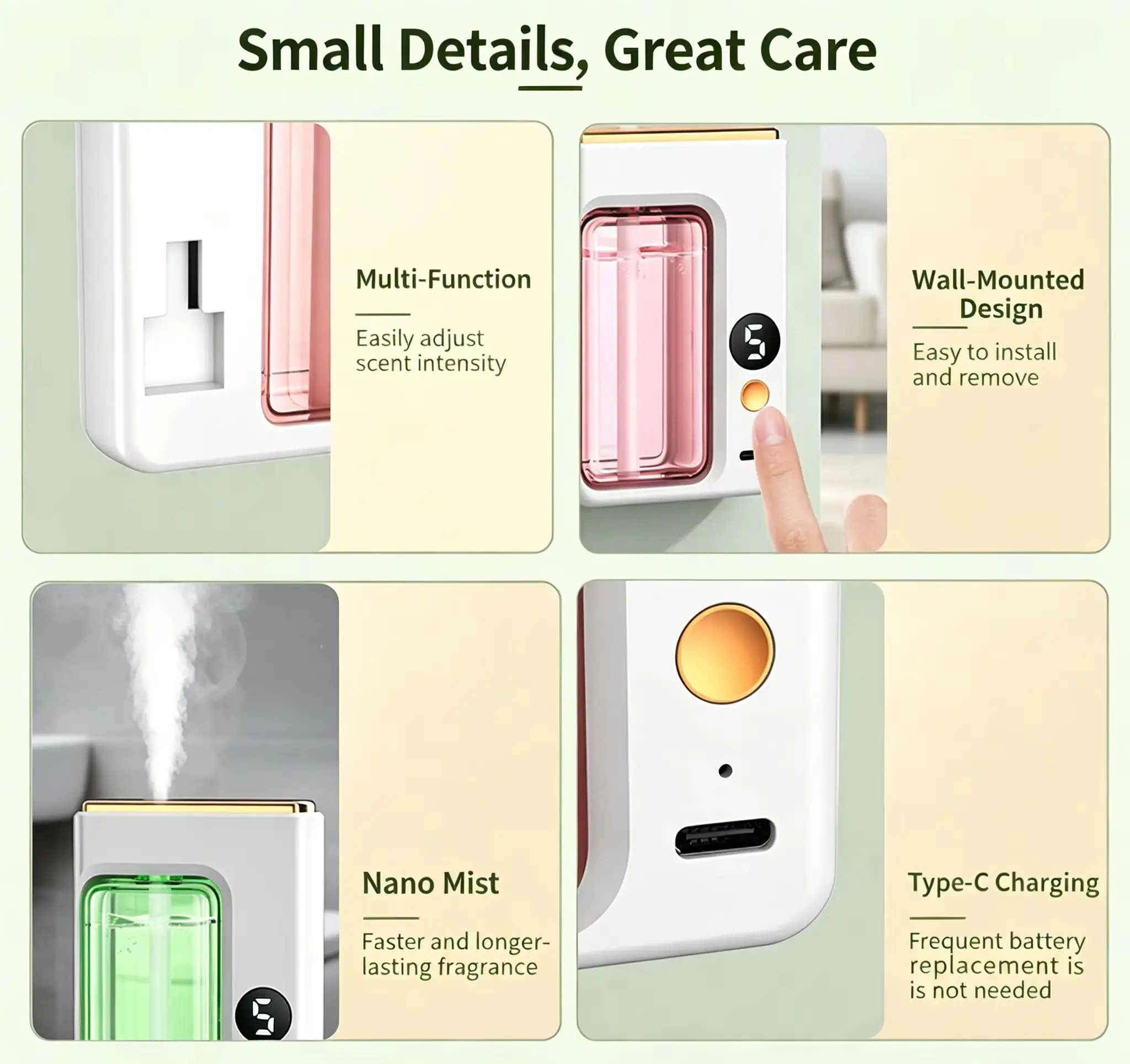 HOMEFISH Type-C Rechargeable Automatic Aroma Diffuser with 5-Level Timed Mist Sprayer Built-in Battery for Home Bathroom Car Use
