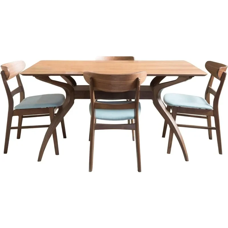 Curved Leg Rectangular Dining Set, 5-Pcs Set, Natural Walnut / Mint