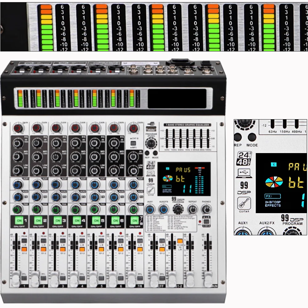 SenMicre MX8 8 Channel Sound Mixer Stage Performance DJ Mixing Console 12 Channel Sound Table Karaoke Built-in 99 Reverb Effects