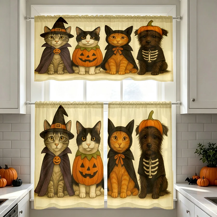 Halloween Fall Kitchen Curtains, Vintage Cat Dog Costume, Digital Print, Kitchen Dining Room, Rod Pocket Polyester, Home Decor