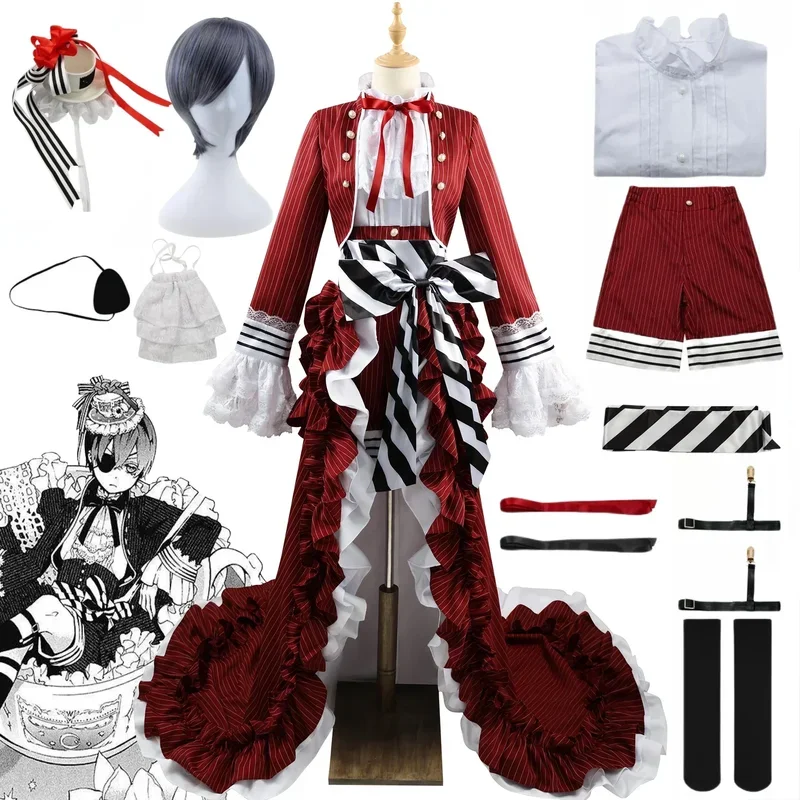 

FC6Ciel Phantomhive Cosplay Black Butler Costume Wig Anime Carnival Party Teacup Uniform Dinner Dress@FC8！