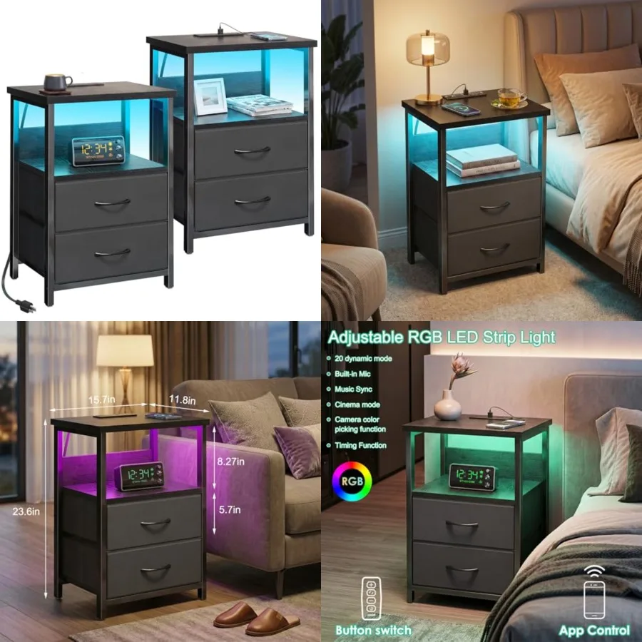 Nightstand Set of 2 Night Stand with Charging Station, LED Nightstand with Fabric Drawers, End Table with PU Finish, Bed Side T