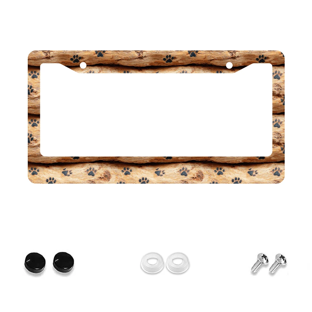 

1pc Brown Wooden Texture with Blue Paw Prints 2-Hole License Plate Frame, Aluminum Material, 6x12 Inches, Includes Screw Kit, R