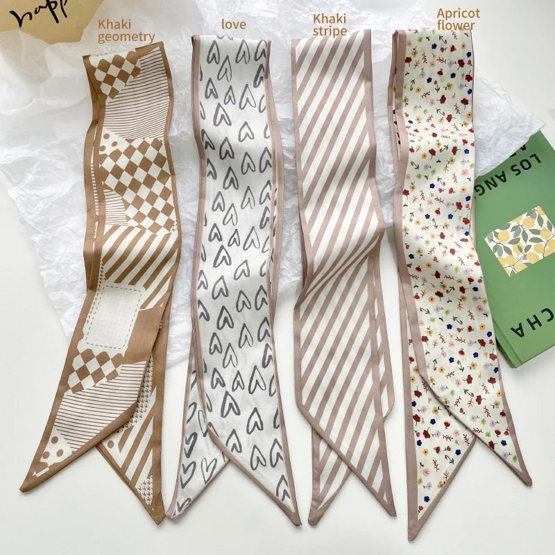 Long Foulard en Soie pour Femme, Série Marron, Imprimé Marque, Ruban, Eldana, Nouvelle Collection 2024