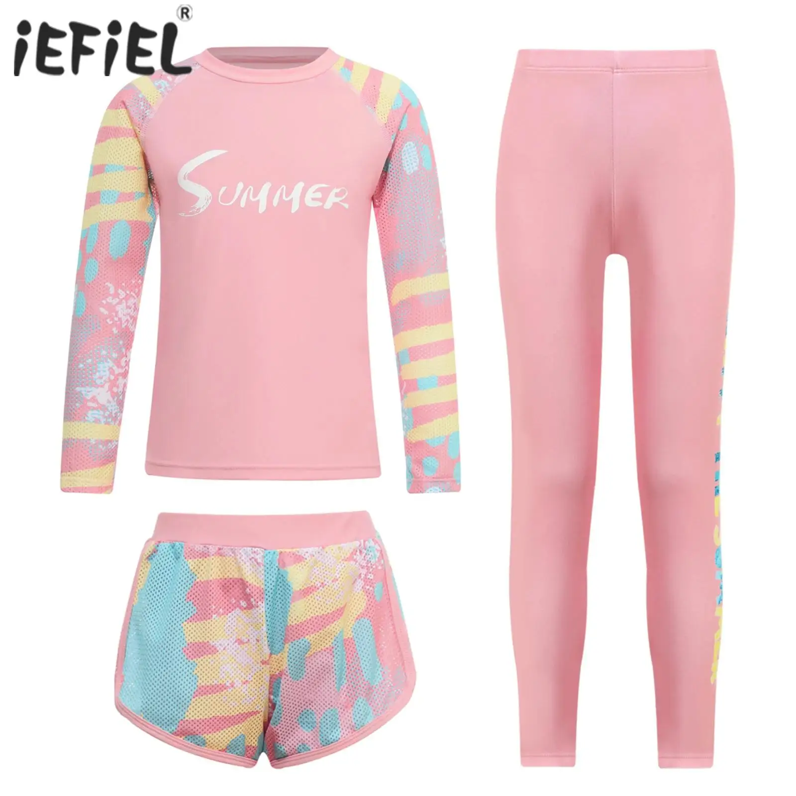 Kids Girls Swimsuit Swimwear Outfits Long Sleeve Floral Rash Guard Tops Shorts and Legging Sun Protection Swimsuit Beachwear