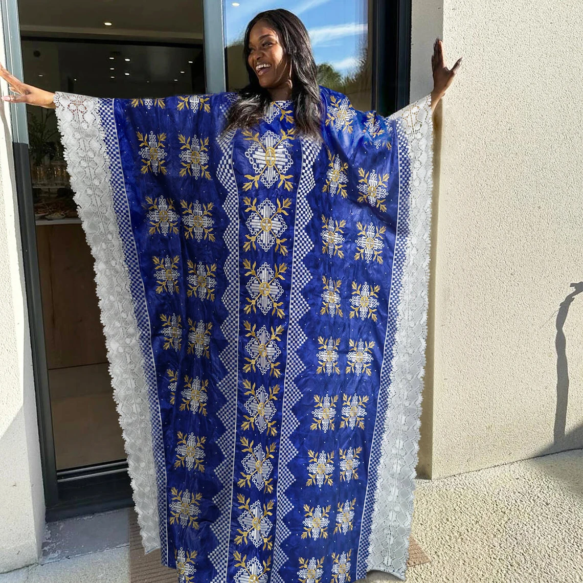

Royal Blue African Women Bazin Riche Boubou Dress Original Nigerian Basin Rich Brocade Wedding Party Dashiki Gold Line Robe