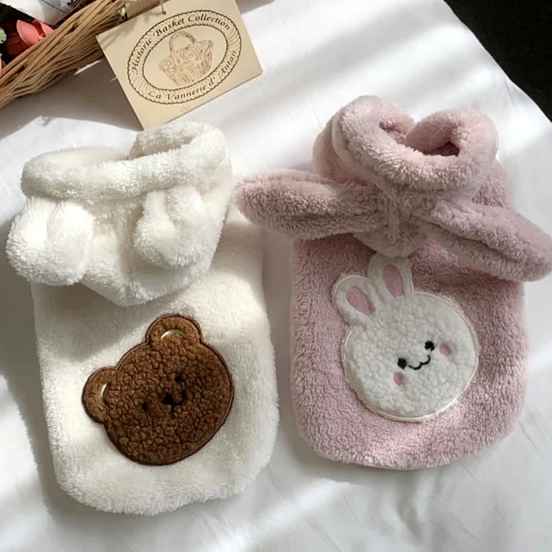 

Pink Rabbit Hoodie Pet Winter Clothes Teddy Warm Cotton Coat Poodle Cartoon Pullover Maltese Cute Clothes