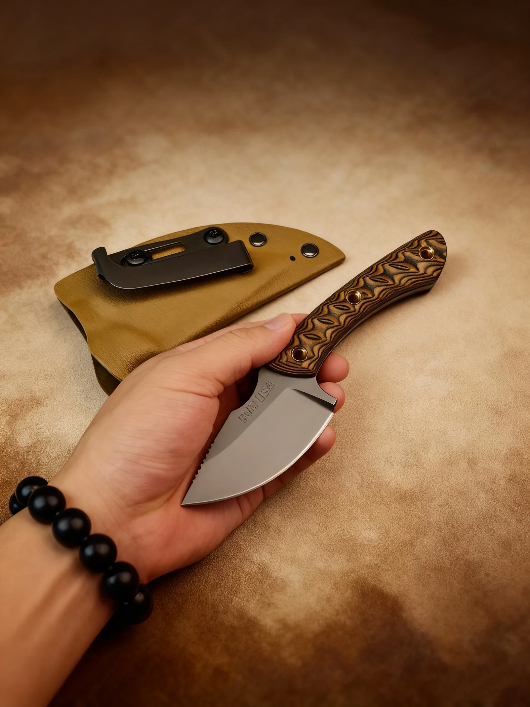 سكين RMJ - سكين تقشير NOMAD بمقبض G10 بلونين، سكين مستقيم صغير محمول، لون صحراوي K غمد سكين فواكه حاد