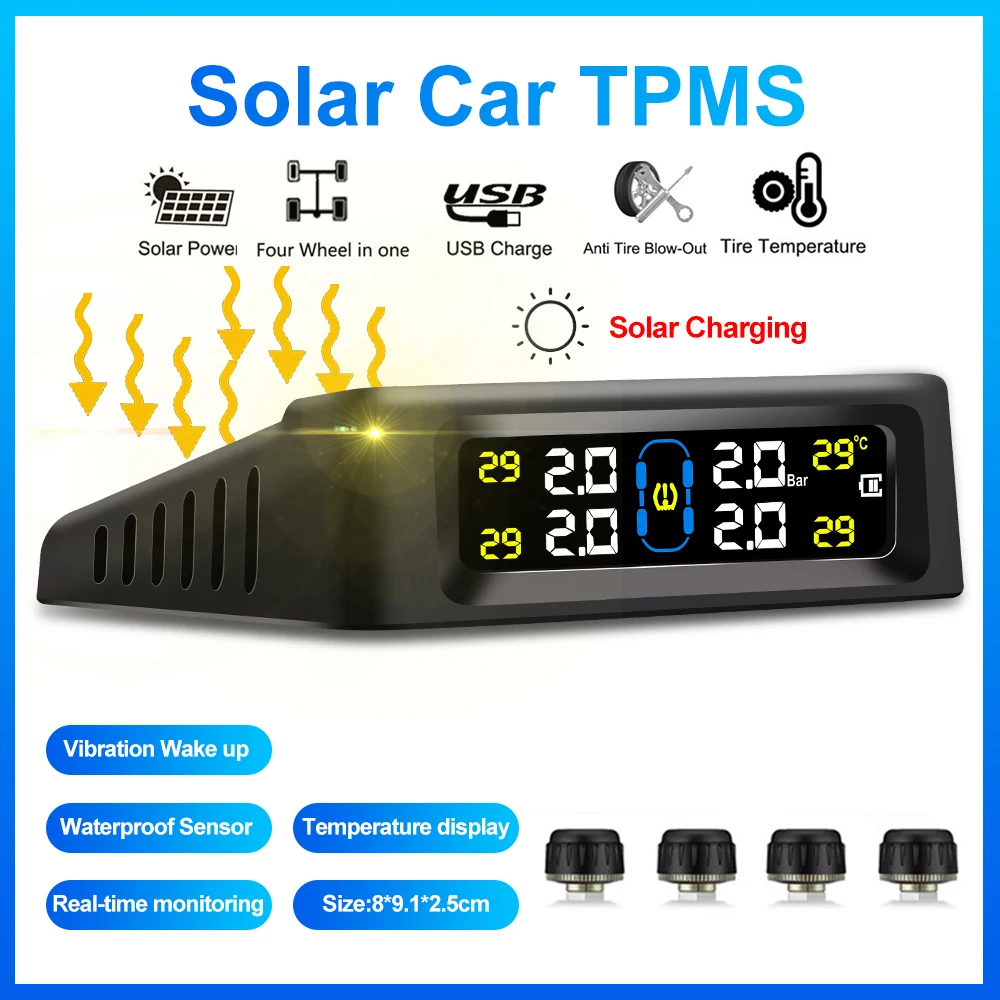 Solar Power TPMS Car Tire Pressure Alarm Monitor Auto Security Alarm Digital Colorful Display Tyre Pressure Temperature Warning