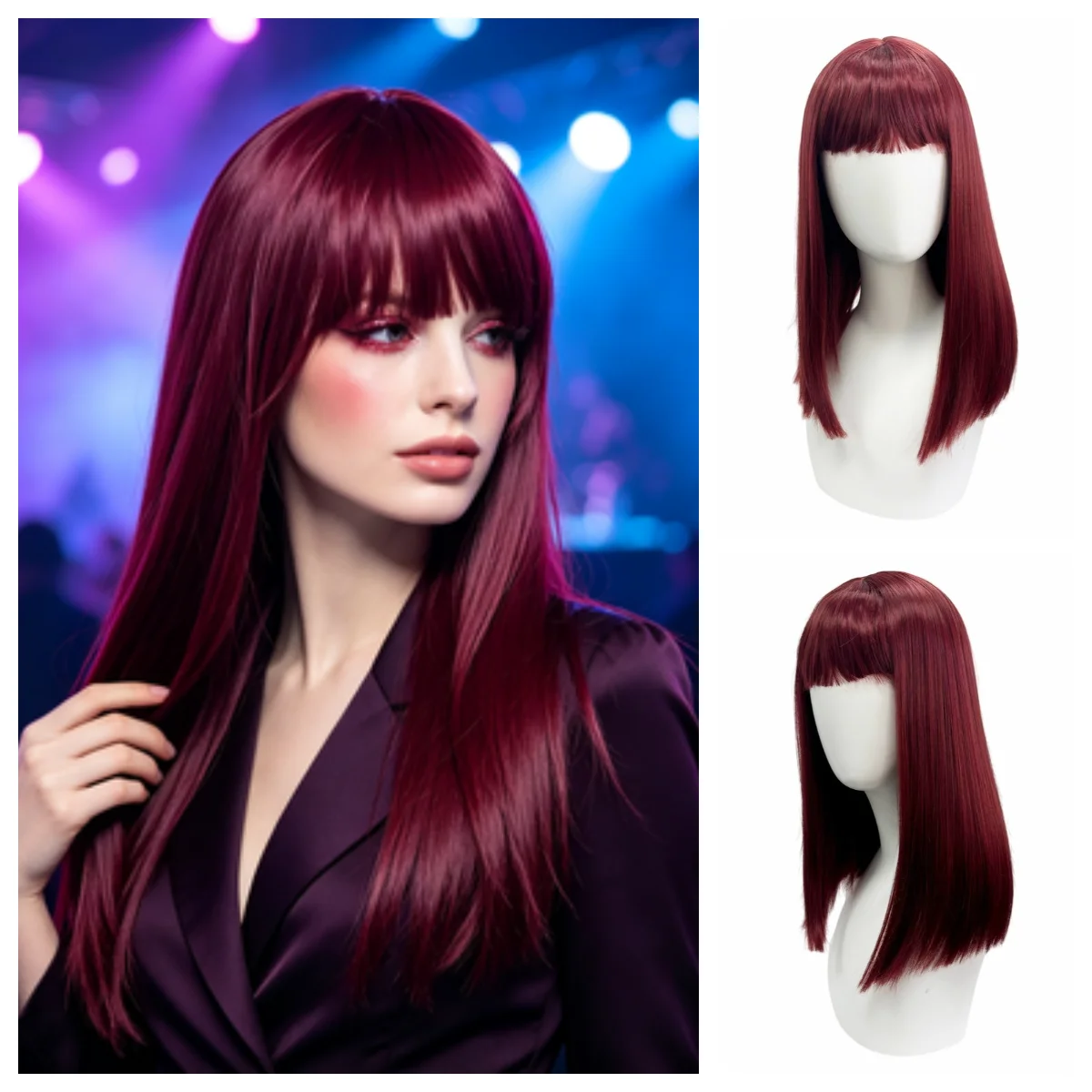 Anxin Brand Synthetic Fiber Wigs: Burgundy Long Straight Wig with Bangs, Cut at the Ends, Synthetic Fiber Machine-Made Wig for Parties, Music Festivals, Cosplay, and Everyday Wear