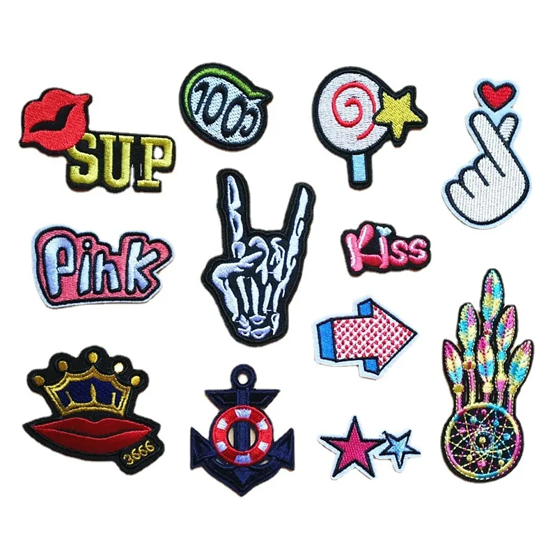 

50pcs/Lot Luxury Embroidery Patch Finger Heart Lollipop Dream Catcher Skeleton Star Lip Anchor Clothing Decoration Applique