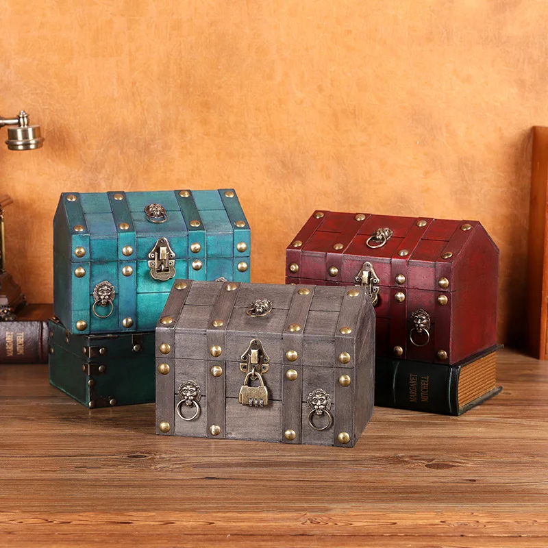Pirate Treasure Chest With Lock Wooden Lockable Trinket Box Vintage Design Money Coin Decor Storage Box Jewelry Box