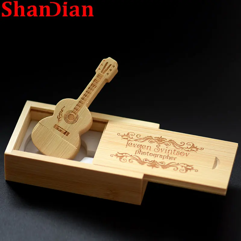 SHANDIAN Wooden BOX Guitar 64GB USB Flash Drive Wedding Gifts 32GB Pendrive Free Custom LOGO Memory Stick Maple 2.0 16GB U Disk