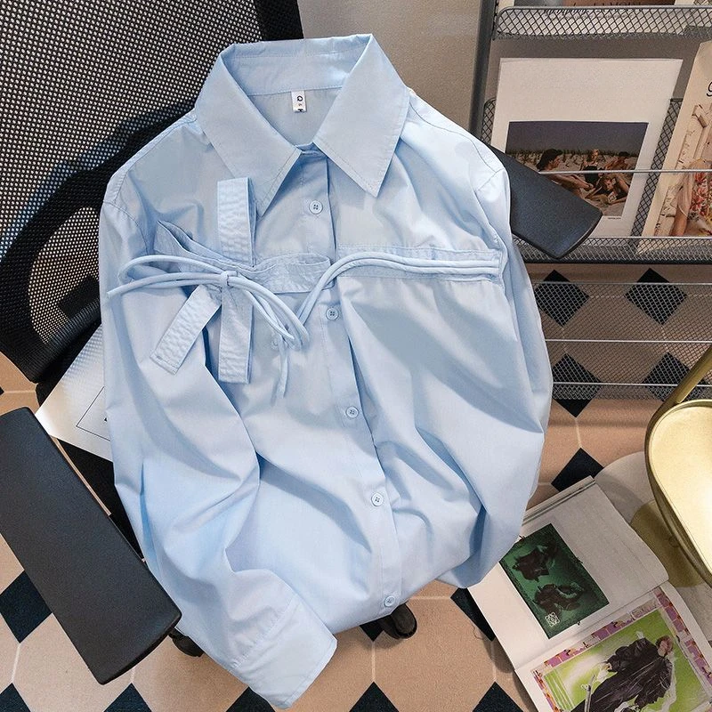 DAYIFUN Blue Lapel Bow Women's Shirt Long Sleeved Loose Casual Female's Shirts Single Breasted Woman's Spring/summer Blouses