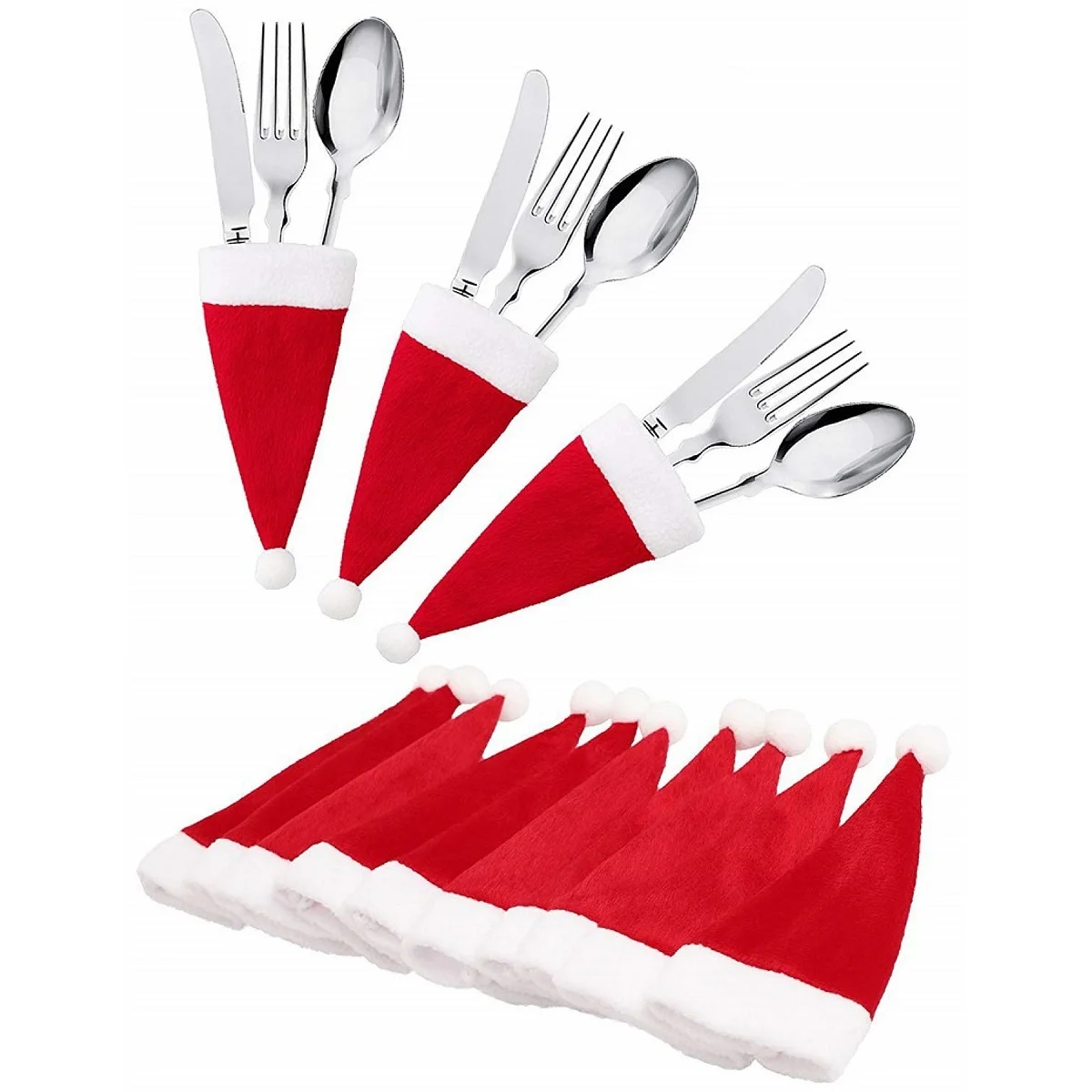 10pcs Christmas Cutlery Set With Santa Hat Shaped Cutlery Holder Decoration & Wine Bottle Cover, Mini Plush Knife Set, Christm